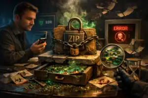 Man examines a locked box emitting green smoke in a dimly lit room.