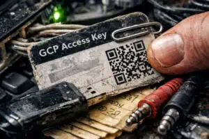 GCP Access Key card held by a hand amid cluttered cables and items.