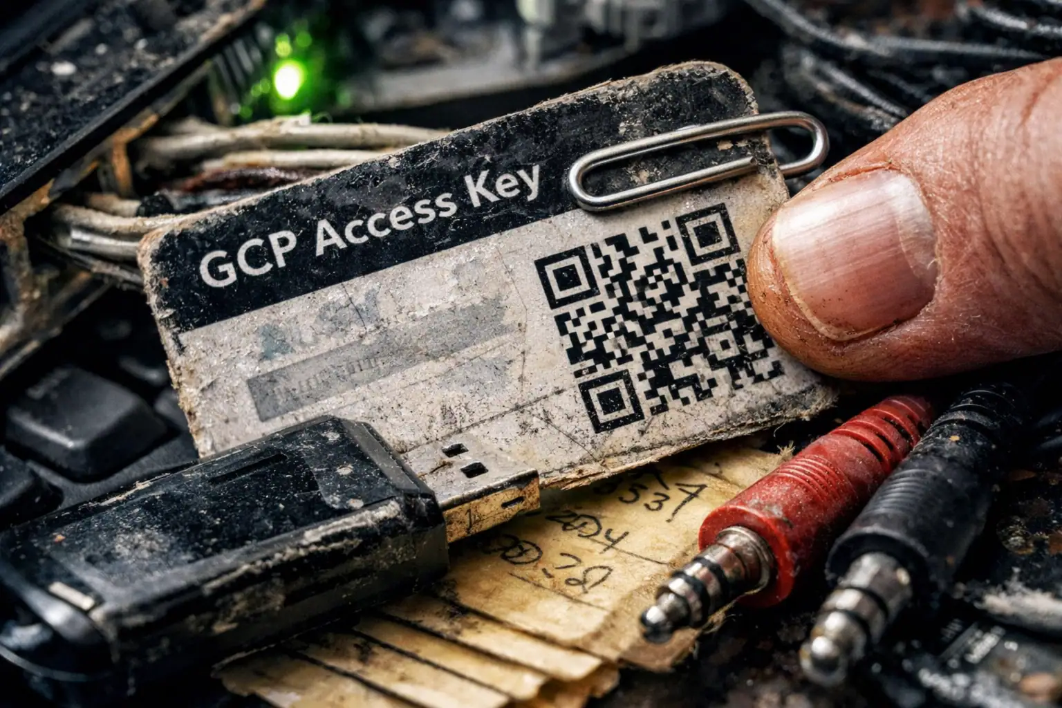 Vergilbte GCP Access Key-Karte auf einem chaotischen technischen Hintergrund.