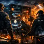 FBI and Europol agents investigate a digital crime scene with servers and light effects.