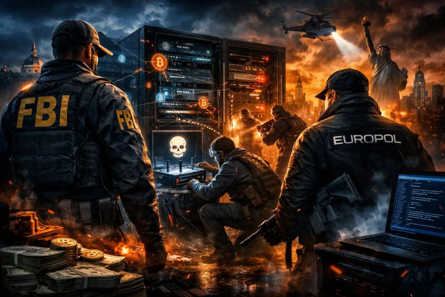 Einsatzkräfte von FBI und Europol ermitteln an einem Computer mit Bedeutung von Kryptowährungen.