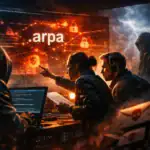 Team members analyze data in a dark, high-tech room with stormy visuals.