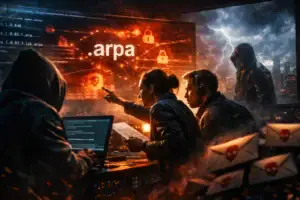 Team members analyze data in a dark, high-tech room with stormy visuals.