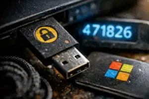 USB device with lock symbol and Microsoft logo on a textured surface.