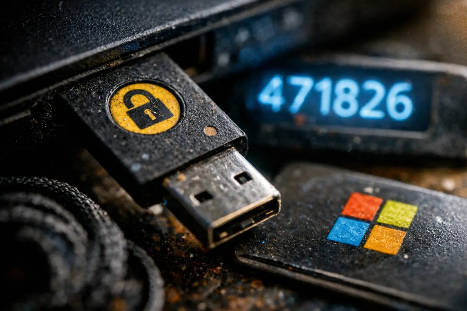 USB device with lock symbol and Microsoft logo on a textured surface.