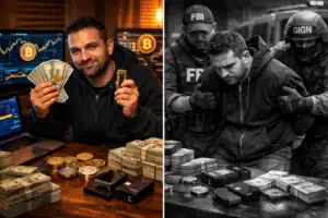 Man holding cash and a device, surrounded by money and Bitcoin symbols.