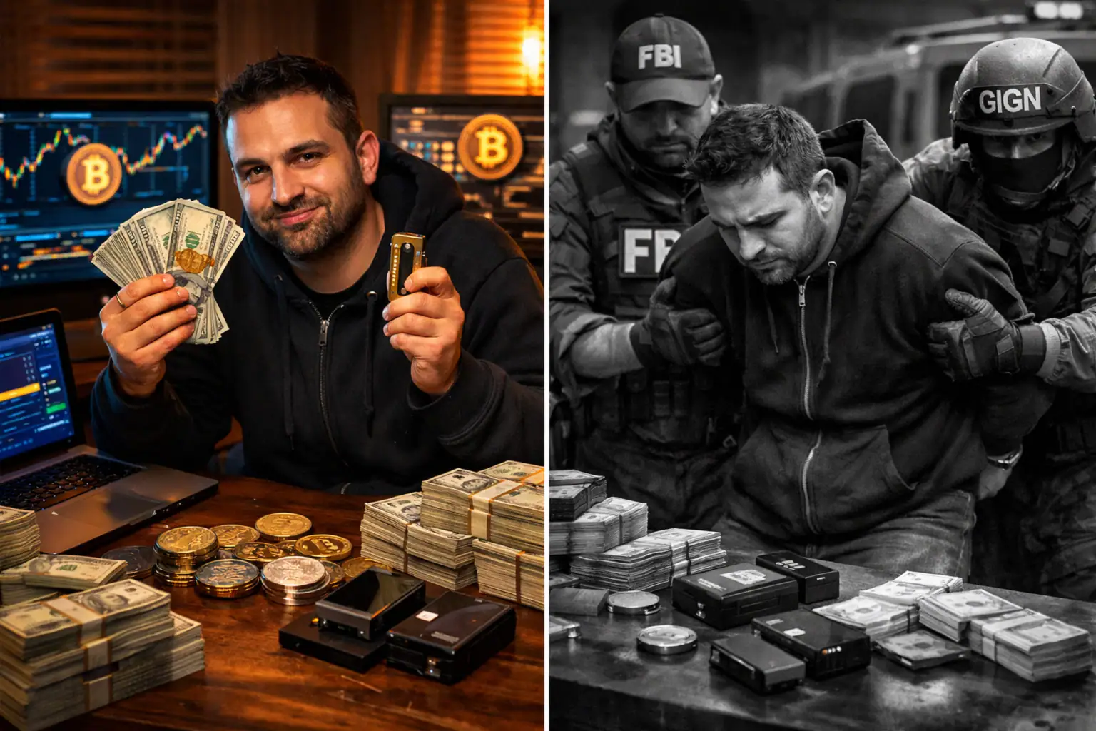 Чоловік з грошима та криптовалютою, контрастний кадр із затриманням.