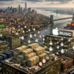 Схема музичних платформ на фоні міського пейзажу Нью-Йорка.