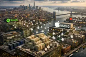 Aerial view of New York City showcasing music streaming platforms and data connections.