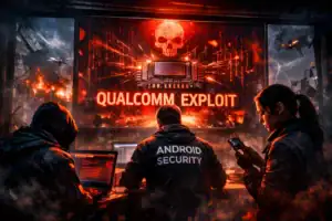 Team of cybersecurity experts working against a Qualcomm threat in a dramatic setting.