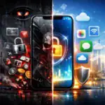 Phone split into dark cybersecurity threats and bright digital solutions.