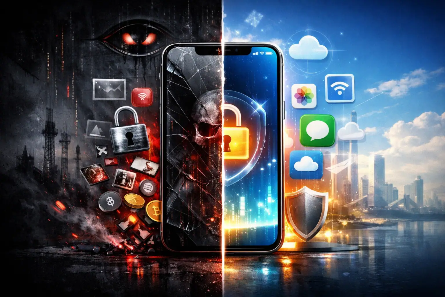 Dualidad entre ciberseguridad y vulnerabilidad en una pantalla de smartphone.