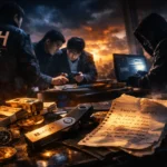 Group of figures examining cash and a handwritten note in a dramatic setting.