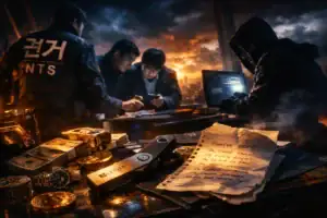 Group of figures examining cash and a handwritten note in a dramatic setting.