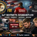 Law enforcement officials and hackers dismantling IoT botnets in a high-tech setting.