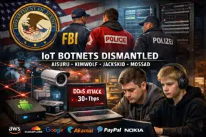 Law enforcement officials and hackers dismantling IoT botnets in a high-tech setting.