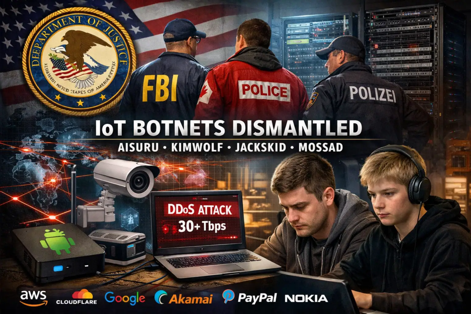 Law enforcement officials and hackers dismantling IoT botnets in a high-tech setting.