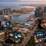 Vista panorámica de la ciudad y trabajadores monitoreando situaciones en Interpol.