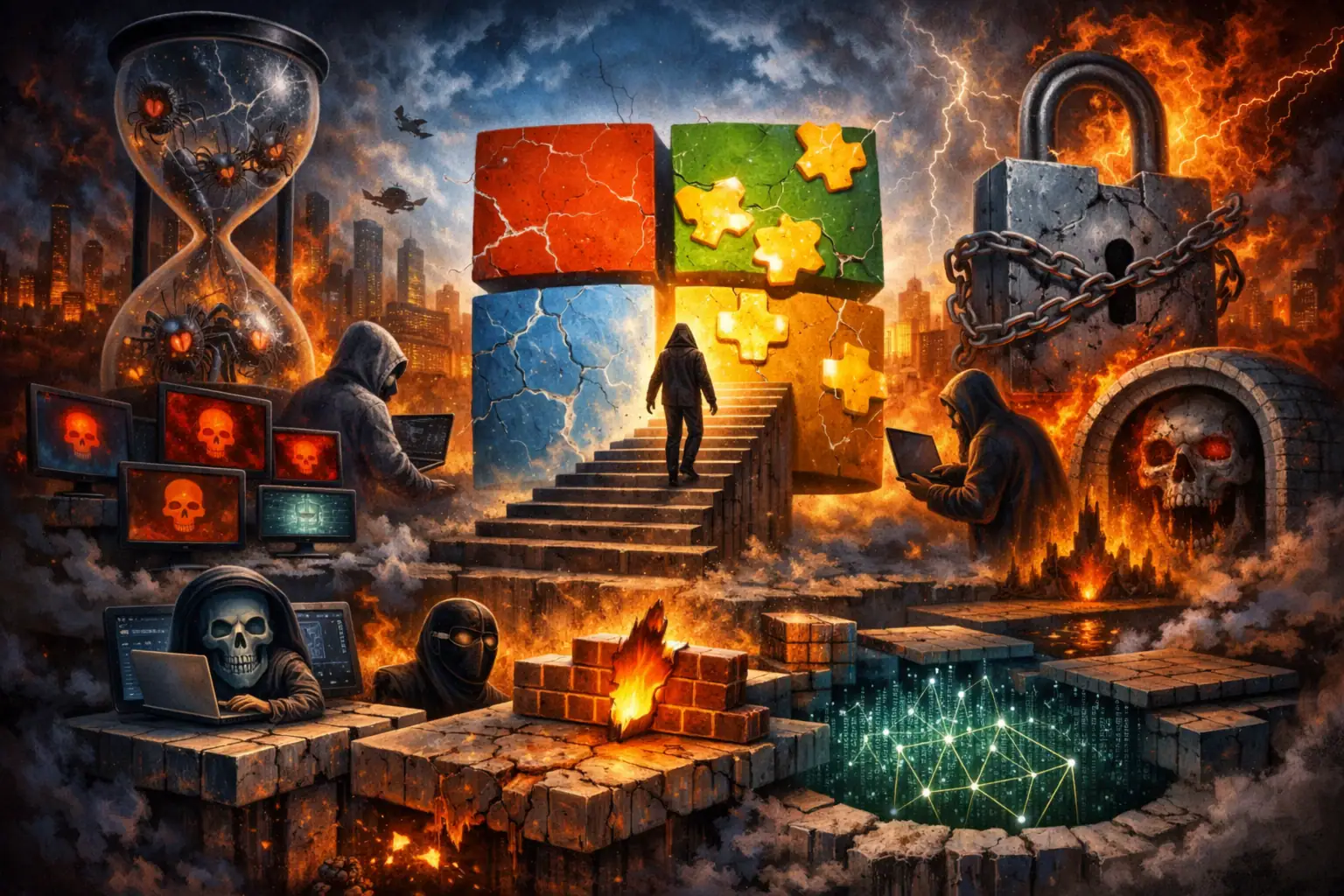 ** Escalera con figura en un paisaje digital sombrío, elementos de ciberseguridad.