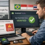 Man working on app verification with software screens, showing statuses and alerts.