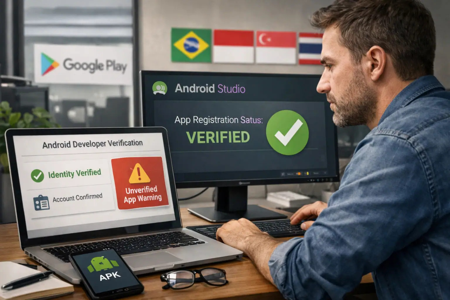 Man working on app verification with software screens, showing statuses and alerts.