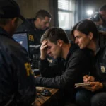 FBI agents engaged in intense investigation in a dimly lit room.
