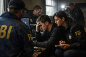 FBI agents engaged in intense investigation in a dimly lit room.