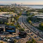 Microsoft and Samsung buildings overlook a busy highway with giant displays.