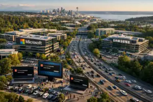 Microsoft and Samsung buildings overlook a busy highway with giant displays.