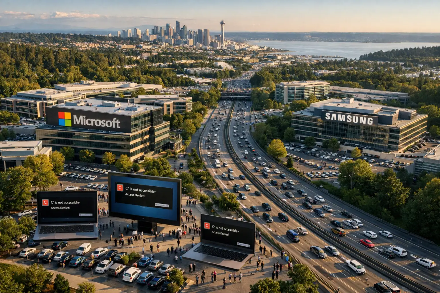 Vista panorámica de edificios de Microsoft y Samsung en Seattle con pantallas externas.