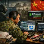 Soldat arbeitet konzentriert an mehreren Computern im Cyberwarfare-Umfeld.