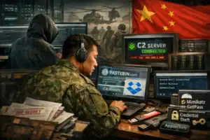 Military personnel monitors multiple screens in a cluttered cyber warfare environment.