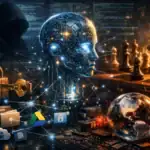 Retrato de un rostro robótico rodeado de elementos tecnológicos y de seguridad.