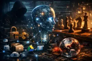 Futuristic cybernetic head amid digital elements and a chessboard.