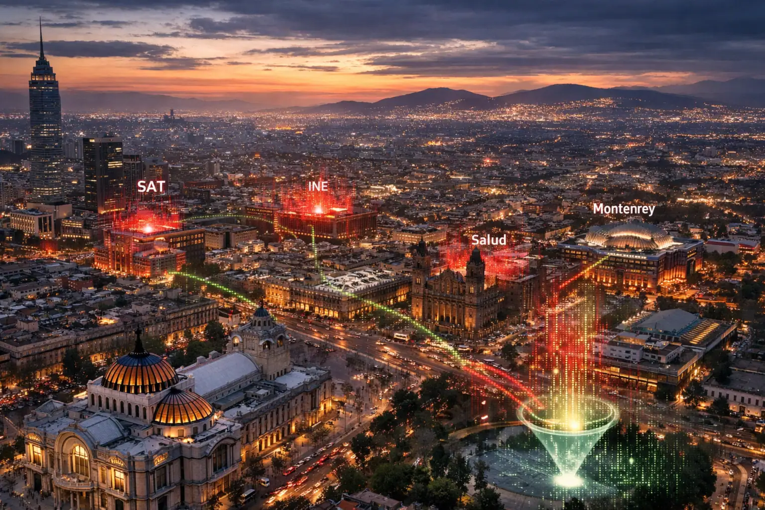 Vista nocturna de la ciudad, luces y nombres resaltados en el horizonte.