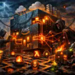 Dark, ominous depiction of hooded figures manipulating a glowing AWS-themed fortress.