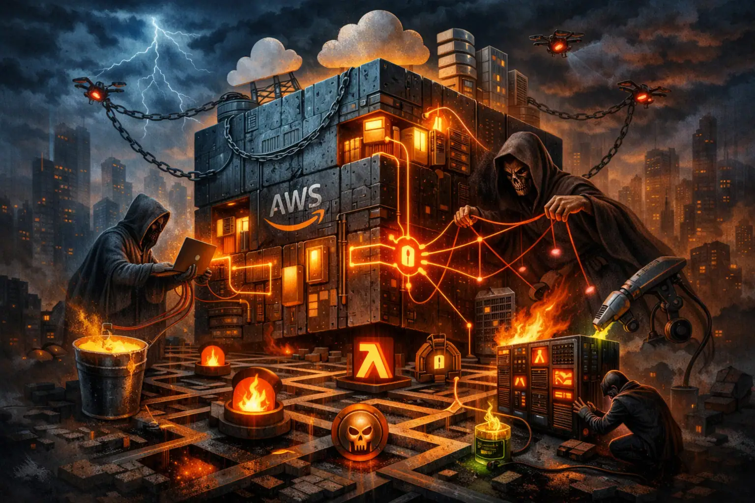 Dark, ominous depiction of hooded figures manipulating a glowing AWS-themed fortress.
