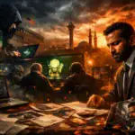 Чоловік у костюмі розглядає документи на фоні хакерського центру.