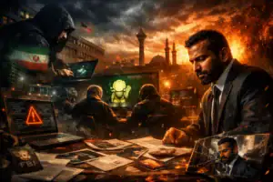 ** Intense cybercrime scene with FBI agent, hackers, and ominous cityscape.