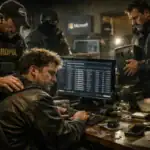 Europol officers surround a man working intently at a computer in a dimly lit room.