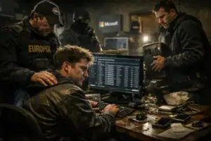 Europol officers surround a man working intently at a computer in a dimly lit room.