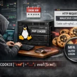 Hacker at computer surrounded by tech elements and malicious cookies.