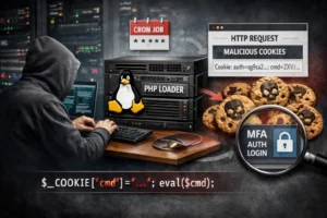 Hacker at computer surrounded by tech elements and malicious cookies.