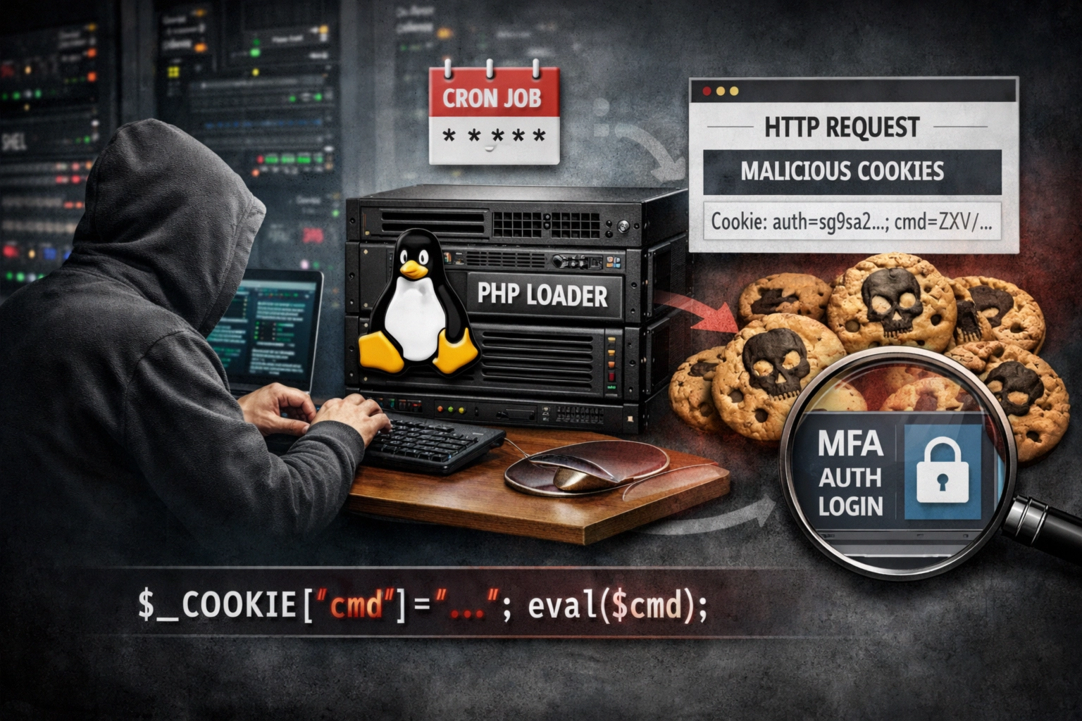 Hacker at computer surrounded by tech elements and malicious cookies.