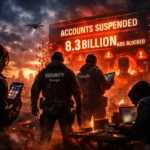 Security personnel monitor a large screen displaying suspended accounts and blocked ads.