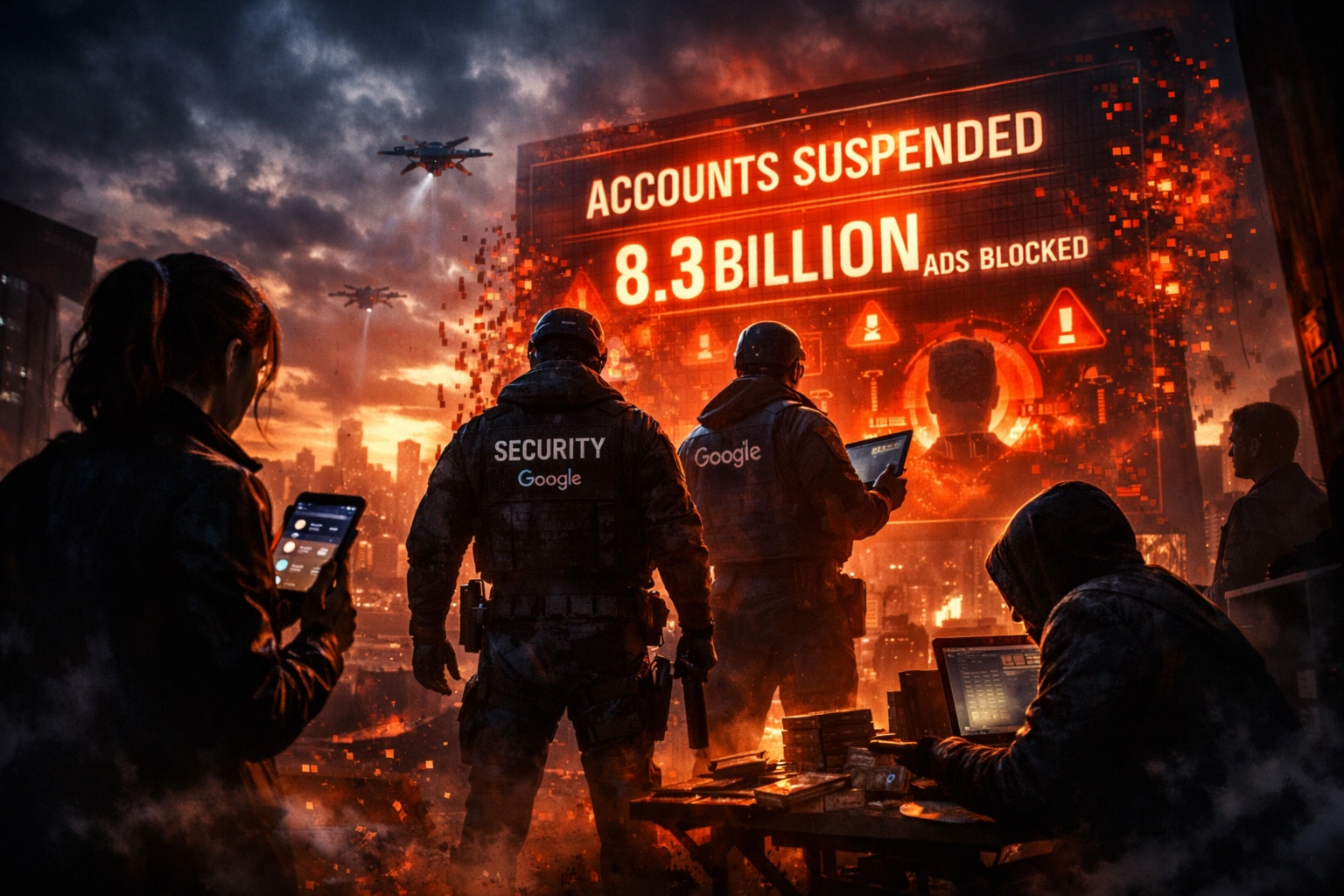 Security personnel monitor a large screen displaying suspended accounts and blocked ads.