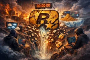 Digital art depicting hackers with laptops around a shattered logo, conveying urgency.