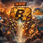 Zwei Hacker in Kapuzenpullis bearbeiten Laptops vor einer explodierenden Stadtlandschaft.