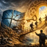 A group of professionals crosses a bridge toward a glowing gateway, symbolizing opportunity.