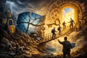 Menschen überqueren eine Brücke zu einem goldenen Tor, umgeben von technischen Elementen.